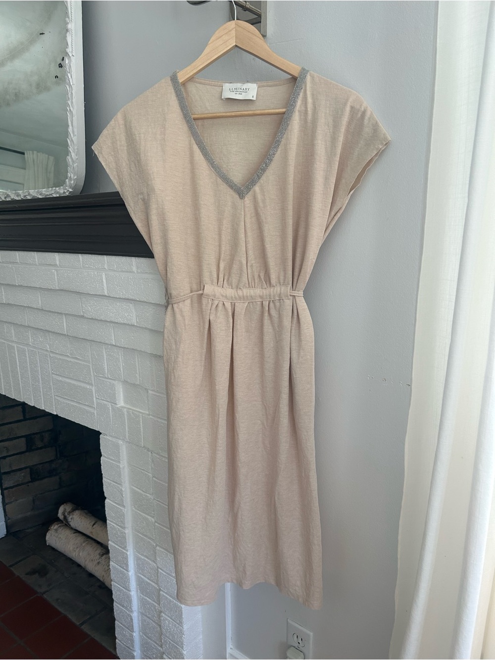 Luminary Linen Blend Nude V-Neck Cap Sleeve Dress Size M